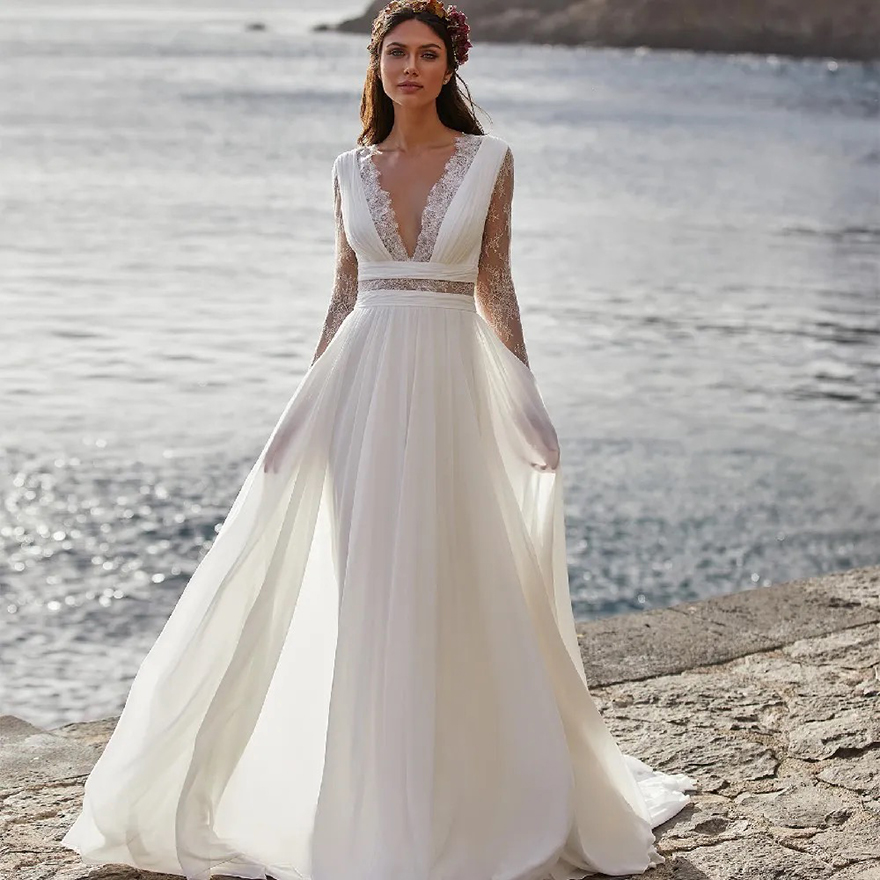 Bohemian Wedding Dress 2025 Long Sleeve V-Neck Floor Length Chiffon A-Line Lace Back Bridal Gowns With Belt Charming