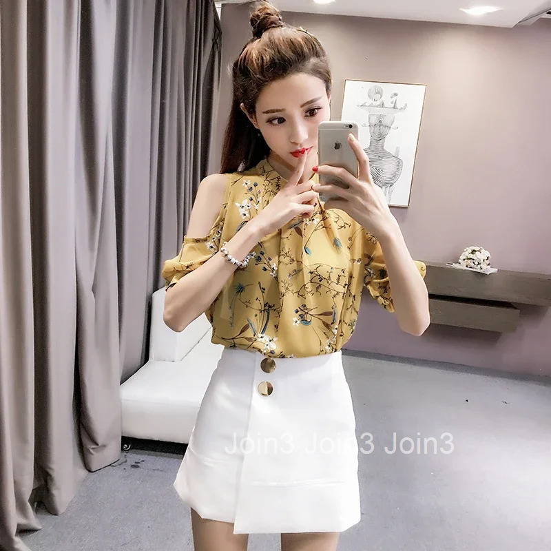 With Print Summer Floral Female Tops Off Shoulder Womens Shirt and Blouse Yellow New Collection 2025 High Quality Korea Stylish