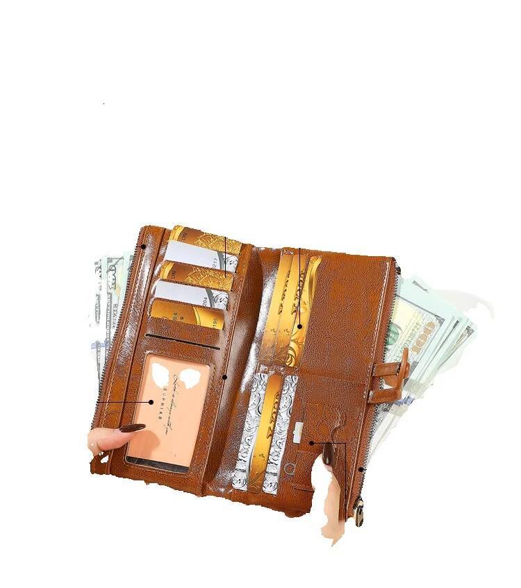 Free Shipping Designer 2025 Luxury Bag New RFID Anti-magnetic Wallet For Women Vintage Oil Wax Leather Clutch PU Multifunctional Long Wallet For Women