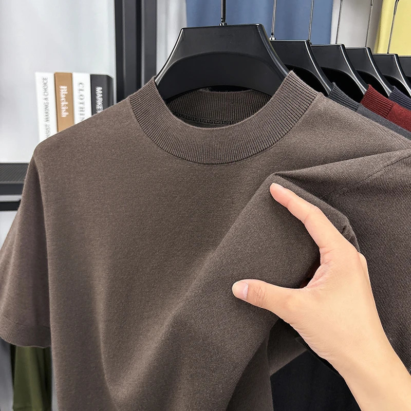 Silk Wool Men Basic Tops Spring Summer Casual Mock Neck Thin Knit Tshirt Short Sleeve Knitwear Pullover Slim Shirts 250617