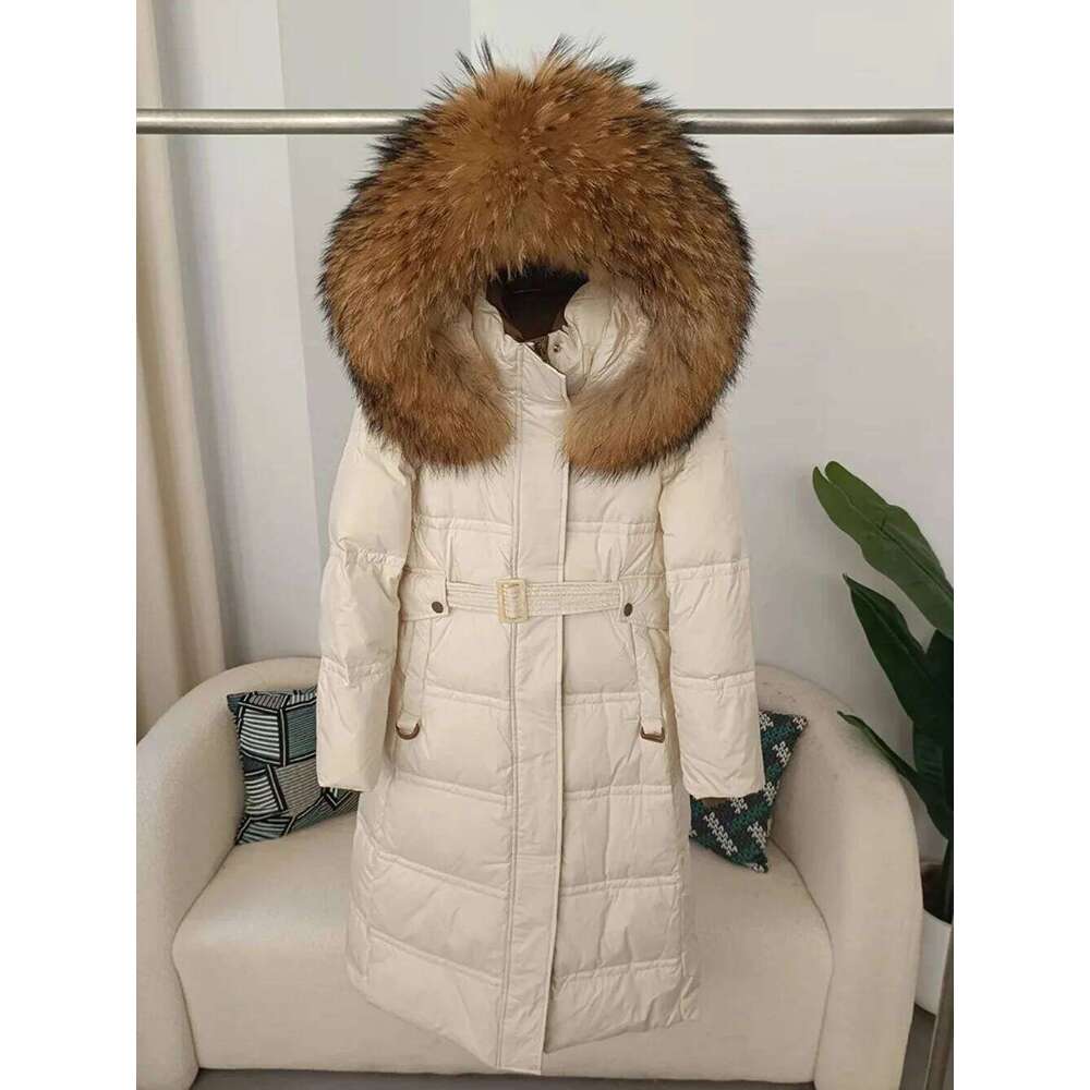 Real Raccoon Fur Winter Natural Fox Fur Collar Jacket Long Women 2024 Thick Warm Duck Down Coat Belt Outerwear Streetwear