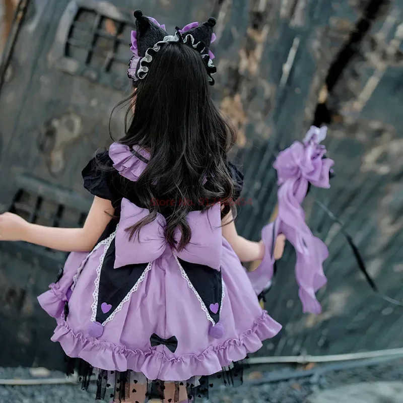 Sanrio Kawaii Sanrio Cosplay Kuromi Lolita Princess Dress Summer Childrens Costume Dress Puffy Skirt Suit Cute Girl Birthday Gift XJ250618
