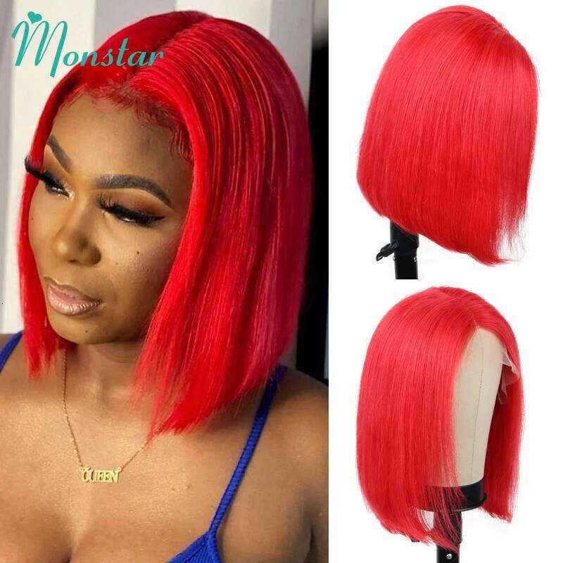 13x6 Red Colored Lace Front Human 13x4 Short Bob Straight Brazilian Hair Transparent Preplucked 5x5 Closure Wig