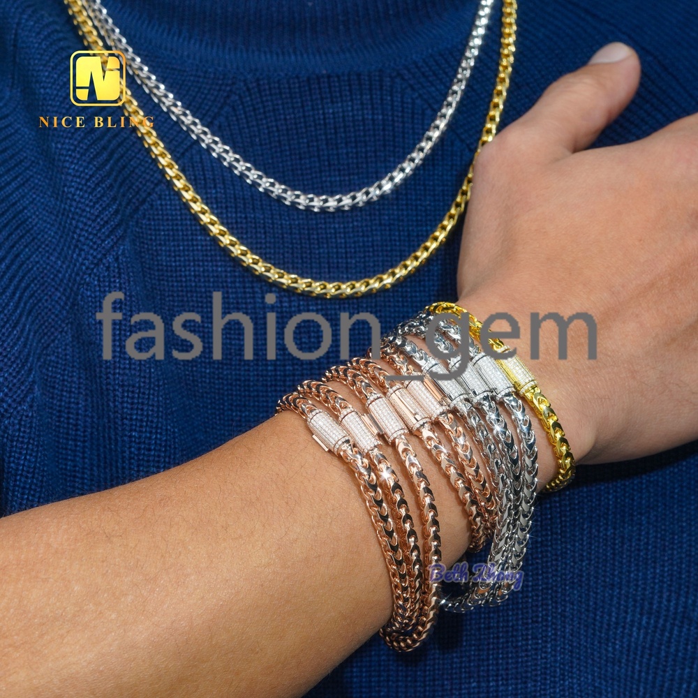 Fashion Hip Hop Franco Chain Wholesale Jewelry Unisex Silver 4mm Charm Chains Moissnite Lock Franci Necklace Bracelet