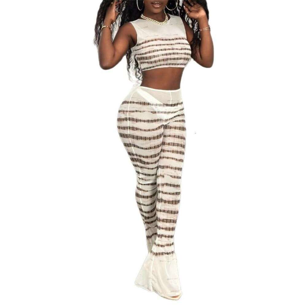New Women's Fashion Sexy Hot Girl Sheer Mesh Printed Seamless Top Flared Pants Set B5