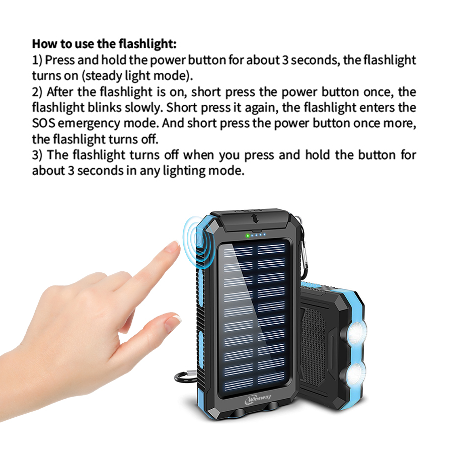 Winsway 10000mAh outdoor solar power bank, built-in two LED searchlights, compass, mountaineering clip for charging 3 devices, dedicated for mountaine