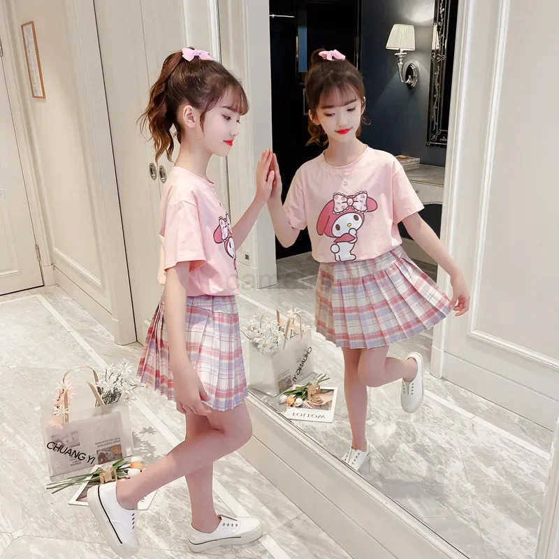 Sanrio 2024 Summer Childrens Clothes Kawaii Miniso My Melody Cinnamoroll Girl T-Shirt JK Plaid Pleated Skirt Anime Cartoon Uniform Set XJ250618XJ25061