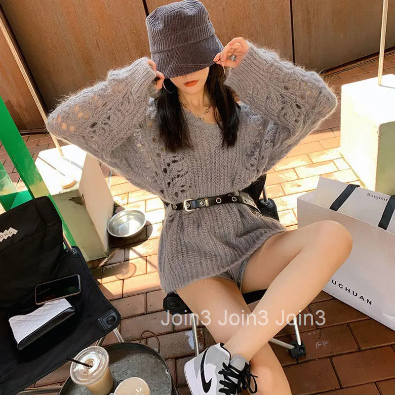 Knitted Top for Women Long See-through Ladies Sweaters Pullover Mesh Korean Luxury Autumn Winter 2025 Sleeve Cold Jersey Modern