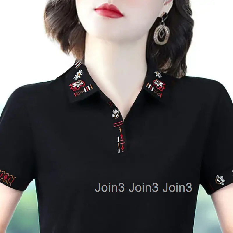 T-shirt Woman Plain Clothing Button Tops with Sleeves Polo Neck Shirts for Women Youth New Summer 2025 Y2k Fashion Synthetic V
