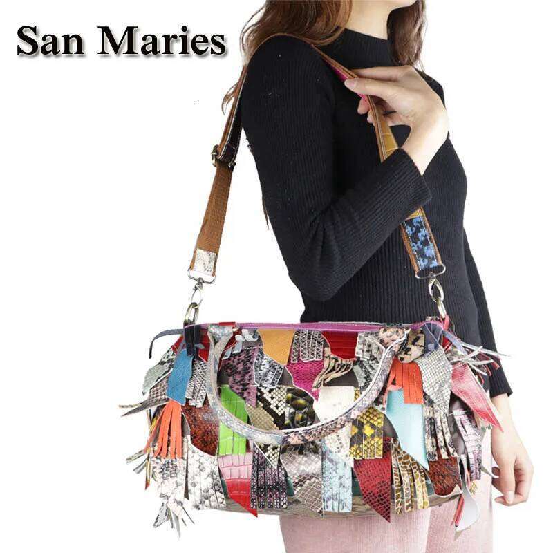 San Maries New Colorful Snake Pattern Genuine Leather Tote For Lady Travel Purses And Handbags Women Fashion Boston Fringes Bags