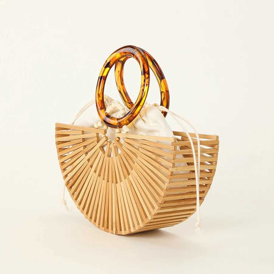 Vintage Half Round Bamboo Beach Handbags Women 2023 Summer Hollow Out Round Acrylic Handle Woven High Quality Holiday Z250618
