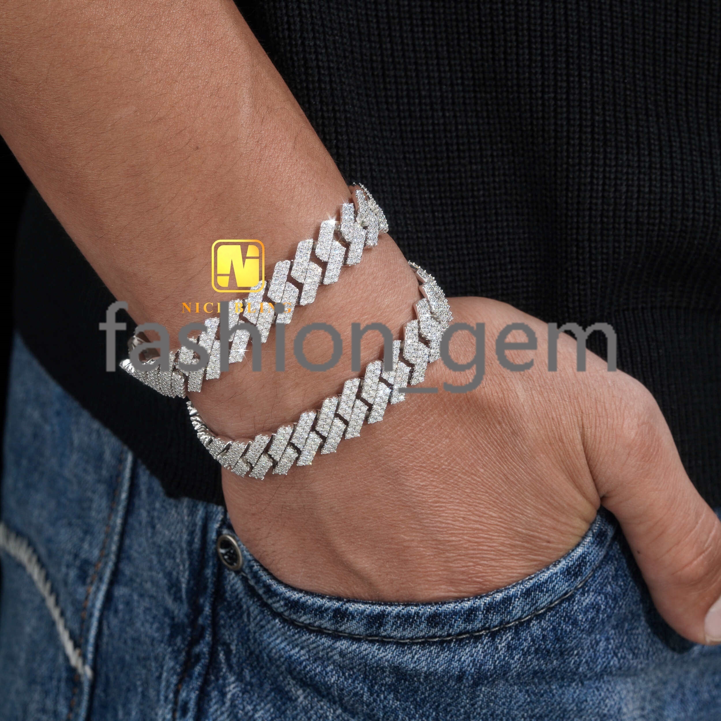 Icy Cuban Link Necklace Rhodium Plated 925 Silver Moissanite Cuban Chains Hip Hop 13mm 15mm Cuban Chain Bracelet for Men Women