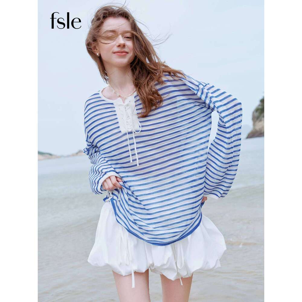 FSLE French Elegant Holiday Striped Shirt For Women 2025 Summer Sailing Sunscreen Breathable Long-sleeved T-shirt Top 25FS12847