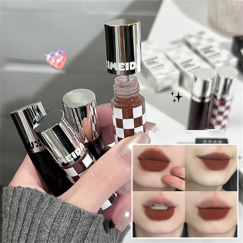 Checkered Nude Purple Matte Mud Mousse Waterproof Punk Red Velvet Gloss Non-Stick Cup Lipstick Tint Lip Makeup happy