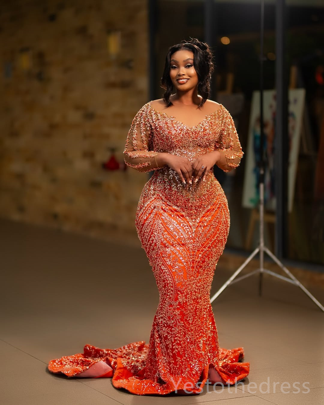 2025 Plus Size Aso Ebi Prom Dress Mermaid Prom Dresses Evening Formal Gowns Sheer Neck Illusion Long Sleeves Beaded Lace Birthday Dress Second Recepti