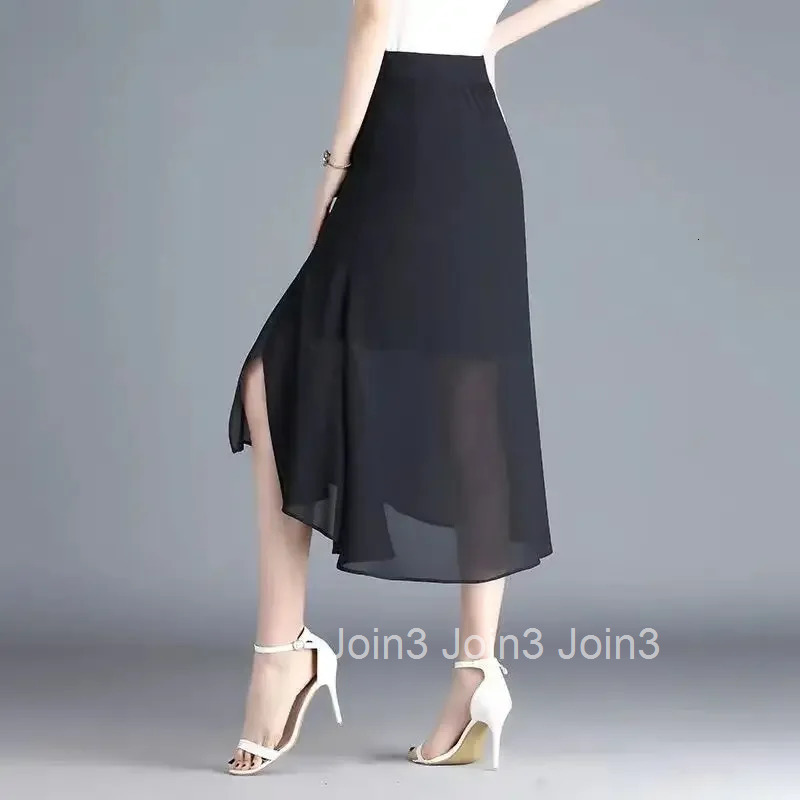 With Slit Woman Skirt Chiffon Midi High Waist Black New in Clothing Trend 2025 Quality Stylish Harajuku Summer Skirts for Women