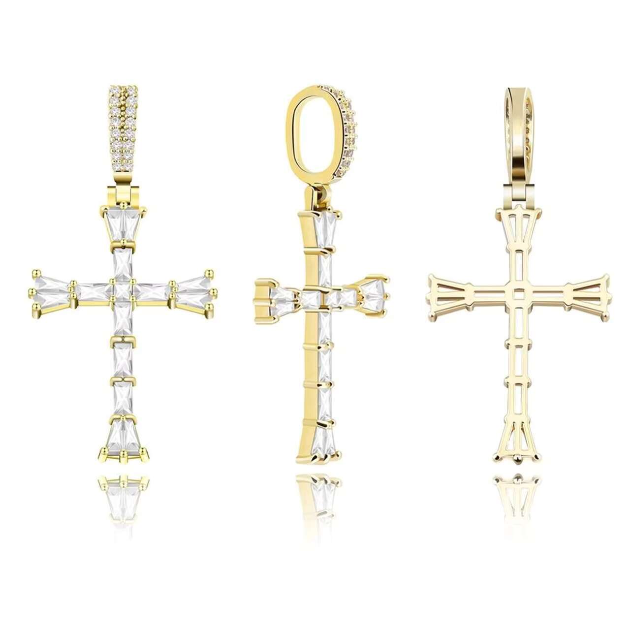 Mens 14K Silver Luxury Style Hip Hop VVS Moissanite Baguette Cross Pendant Fully Iced Blinged Christian Spiritual Jewelry