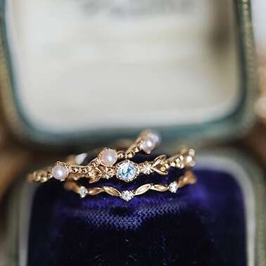 Imitation Aquamarine Pearl Three-Piece for Women, Gold-Plated, Niche Style, Elegant and Luxurious Artistic Ring Set
