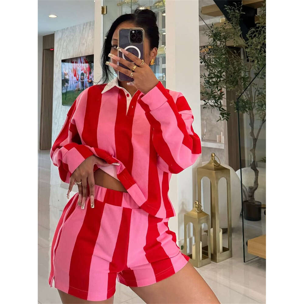 Spring New Women's Fashion Zebra Stripe Print Shirt Collar Long Sleeve Top Short Set B5