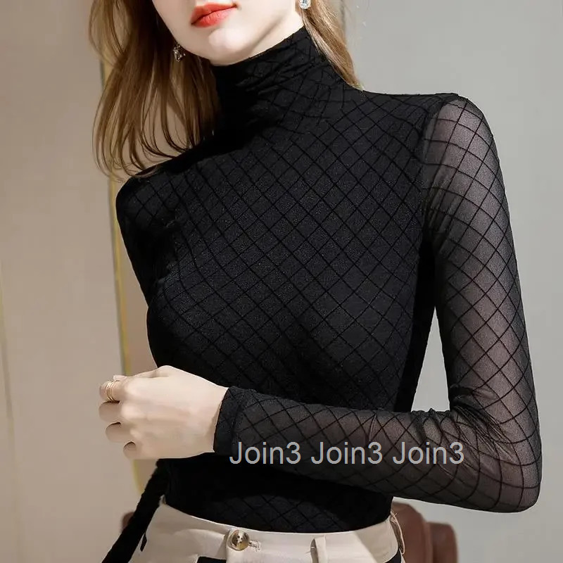 Blue Tees Rhinestone Turtleneck 2025 Sequin Female Tops Glitter Purple Womens T Shirts Clothes Kpop Aesthetic Funny Xxl Tshirts