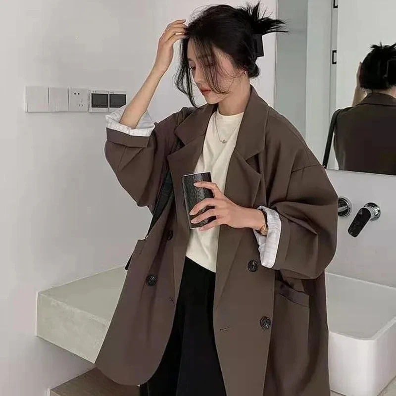 Vintage Brown Blazer Women Elegant Official Ladies Spring Autumn Fashion Long Sleeve Oversized Chic Casual Suit Jacket 250613