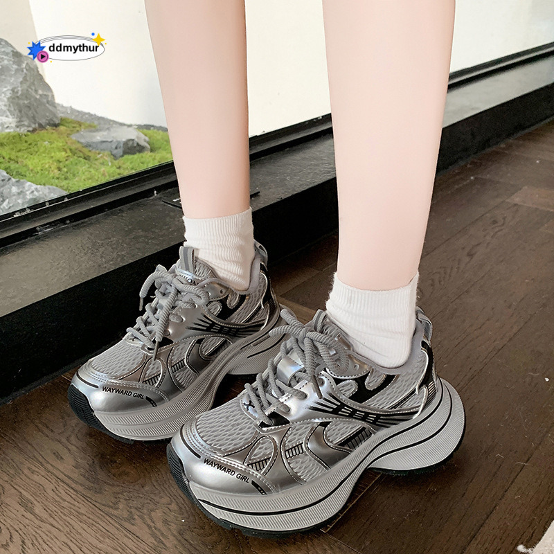 Silver Dad Sneakers for Women 2025 Spring Summer New Thick Sole Height Increasing Versatile Mesh Breathable Sports Casual Shoes ddmythur