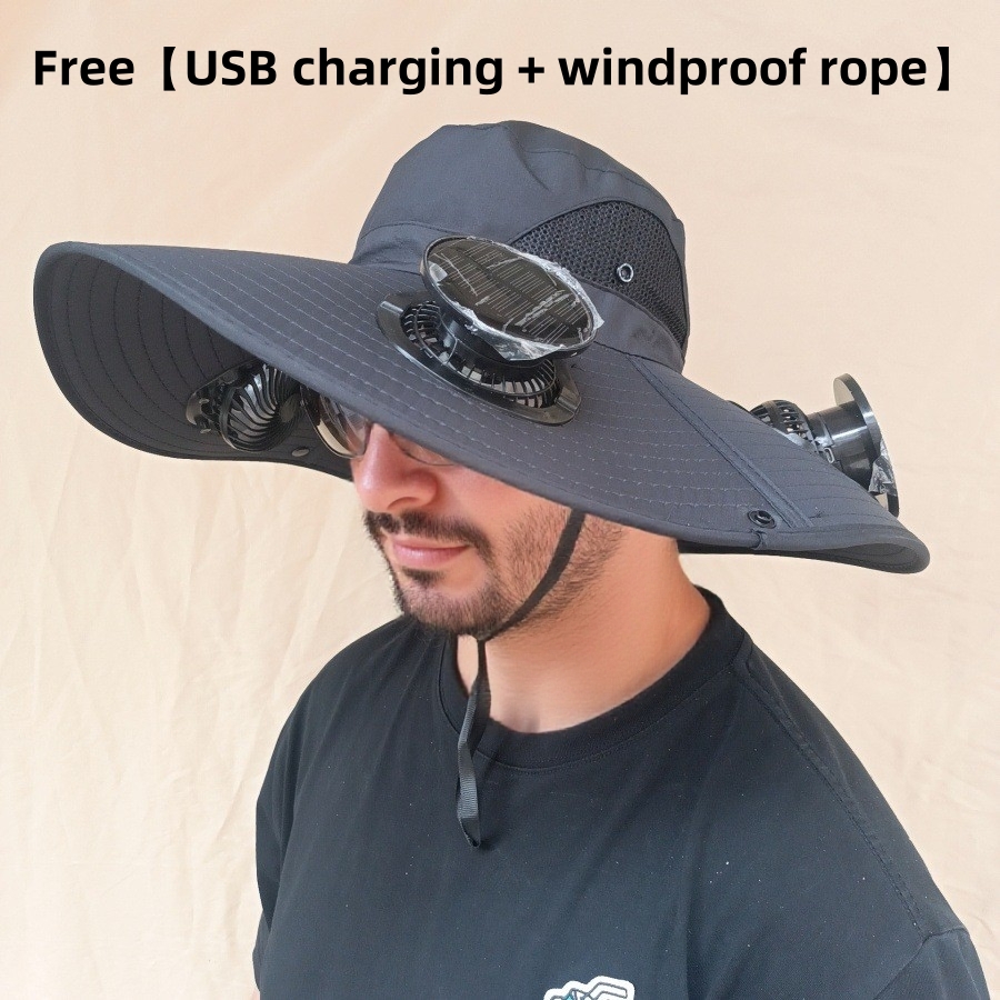 Waterproof Bucket Hat Sun Cap Tactics Wide-Brimmed Outdoor Fan Hat with Solar Charging Breathable Mesh Adjustable Speed Cap Hat Fishing foldable sun v