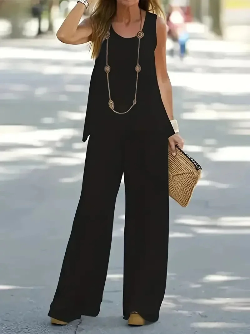 Plus Size Womens Two Piece Set Solid Top Wide Leg Pants Outfits 2 Piece Set Round Neck Casual Outfits Tank 250609