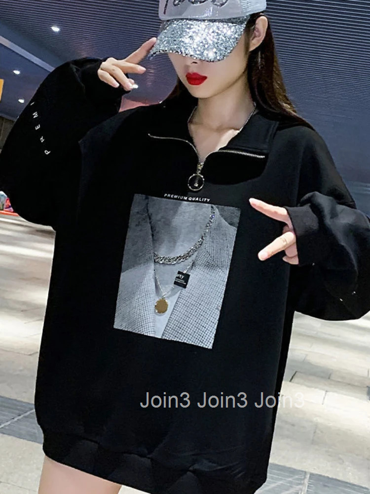 Full Zip Up Black Sweatshirts for Women with Zipper Pullovers Female Clothes Orint on Sport Long Sleeve Kpop Essential M E Tops