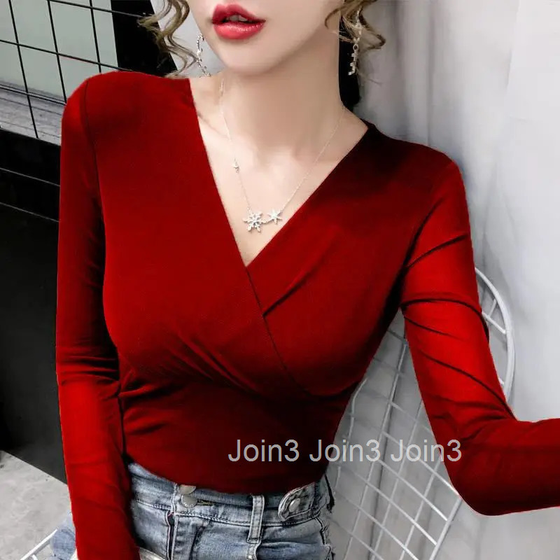 Green Sexy Tshirts 2025 Female Tops Womens T Shirts V Neck Purple Korean Style Clothes Luxury High Quality Long Sleeve Alt Tees