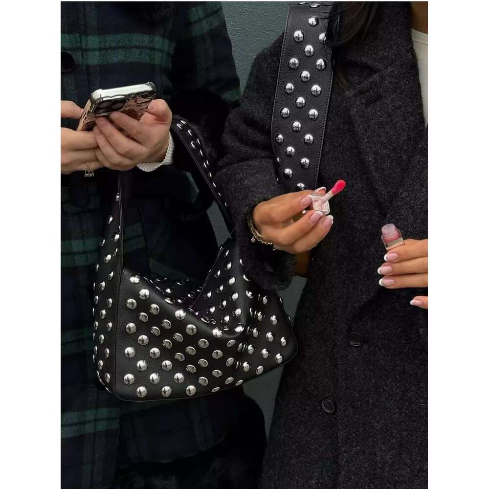 Hiatus Niche Design Kong XiaozheninsSame European and American Style Rivet Armpit Shoulder Bag Black Metal Motorcycle