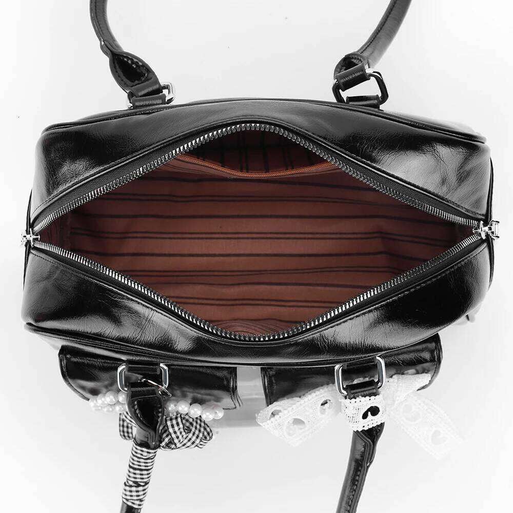 Vintage Bowling PU Leather Boston For Women Korean Version Fashion Shoulder Bag Double Pockets Handbag With Inner Pocket