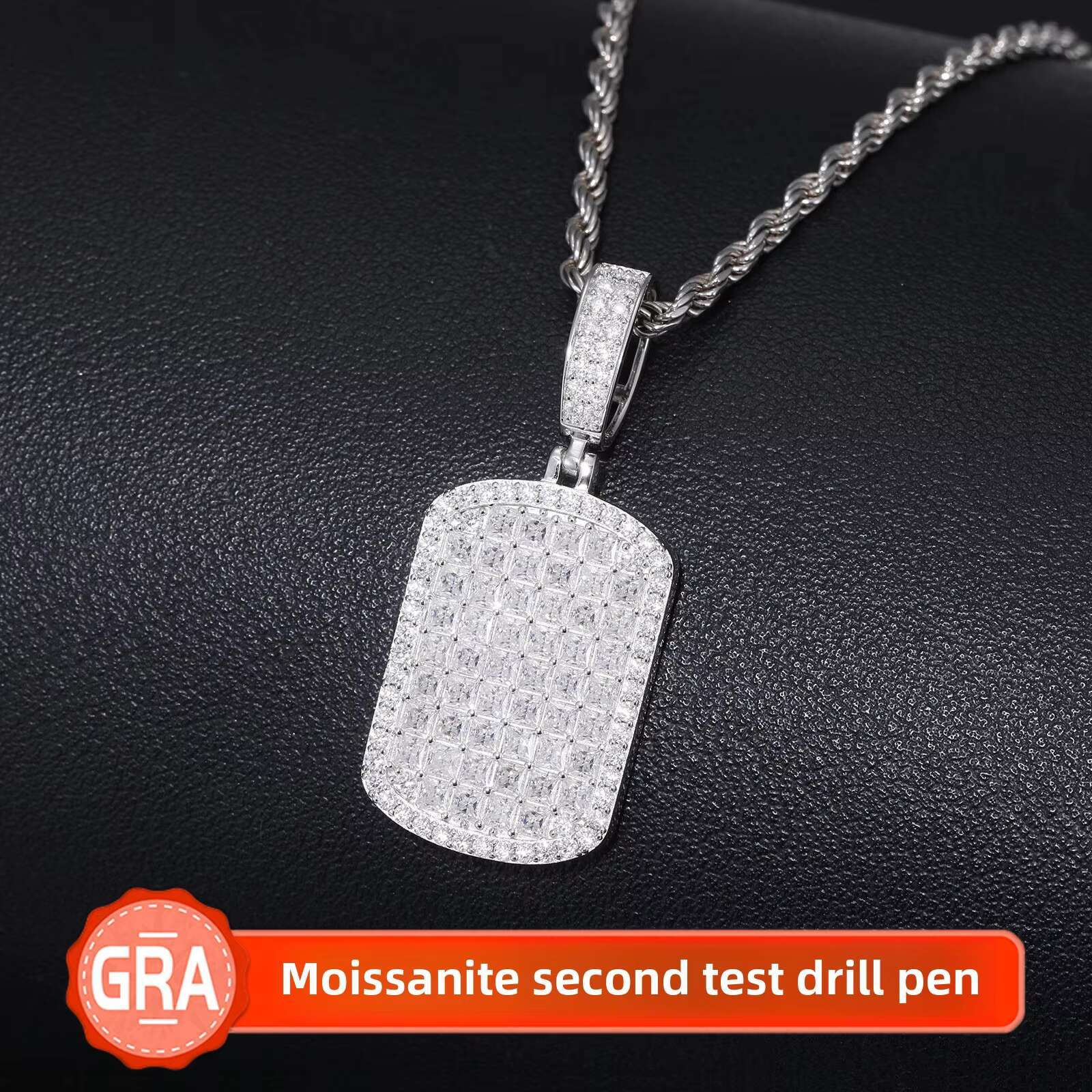 S925 Silver Moissanite Necklace Hip Hop Military Brand Rectangular Square Diamond Pendant Trendy