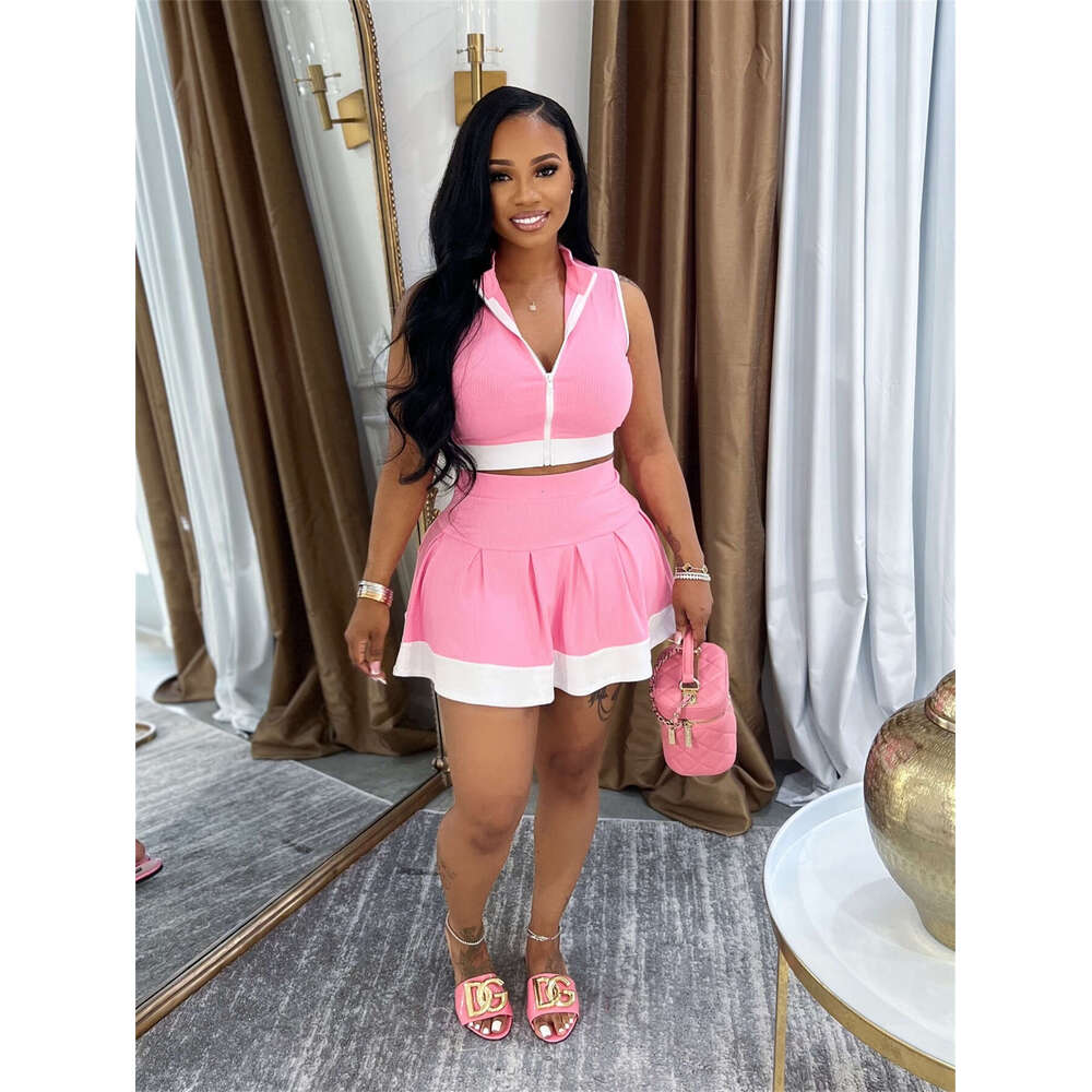 Summer Solid Color Zipper Single Sleeveless Top Waist-Length Casual Short Skirt Set For Women B5