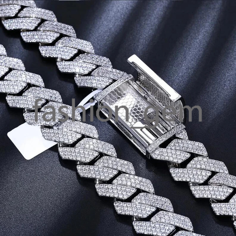 Hiphop Jewelry Moissanite Cuban Chain 18mm 925 Silver Iced Out 3 Rows Moissanite Cuban Link Chain