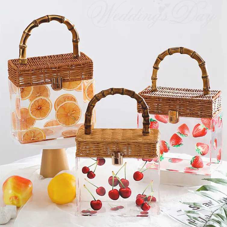 Summer Transparent Acrylic Box Printing Square Bag Bamboo Woven Handmade Handle Handbag Women Holiday Vacation Z250618