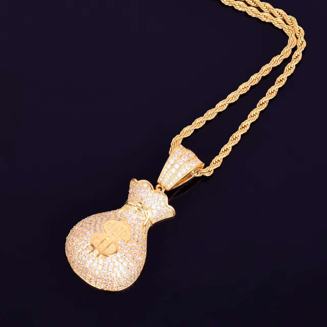 Hip Hop Style Mens Womens 18K Gold Moissanite Pendant Necklace with Silver Dollar Sign Money Bag Jewelry Charms