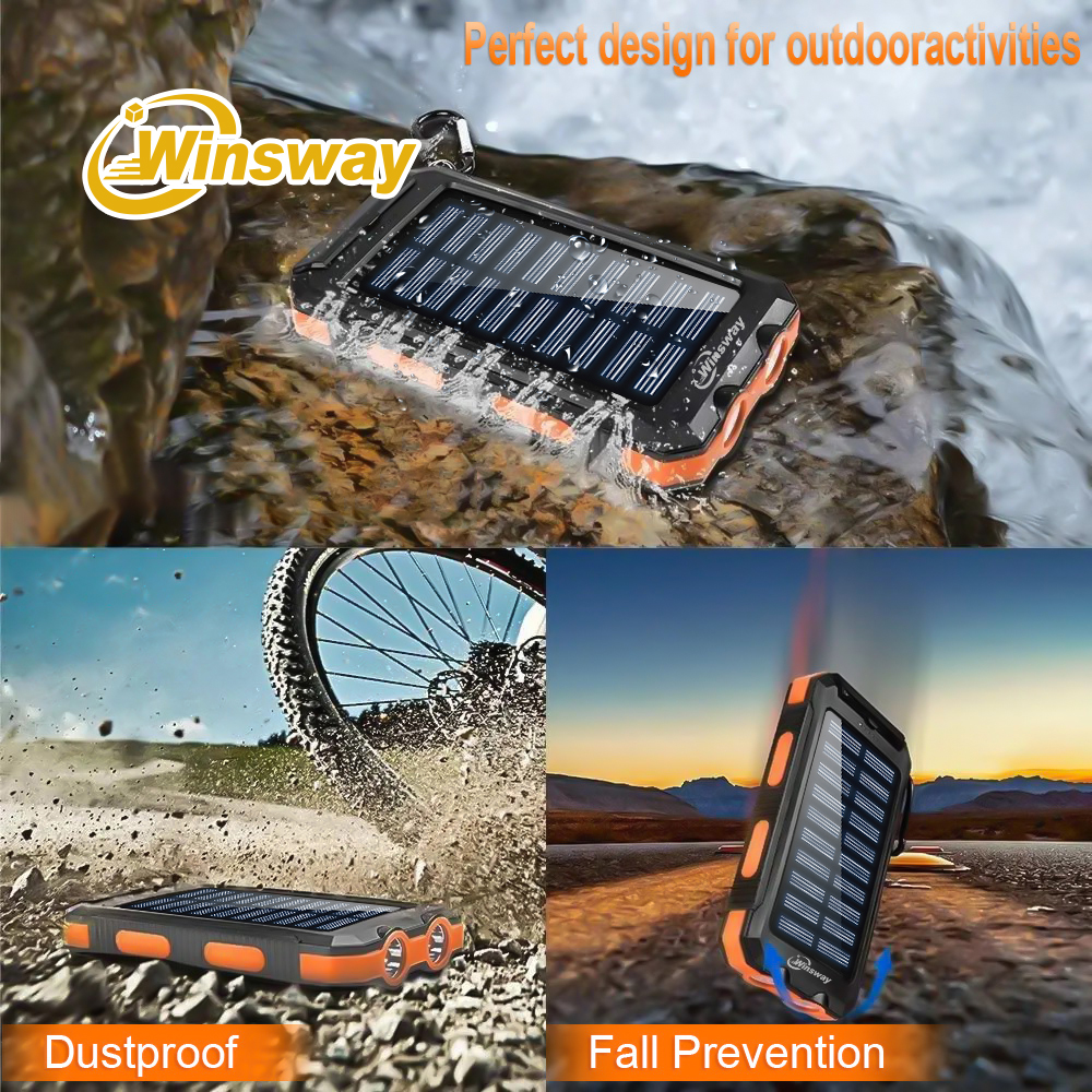 Winsway 10000mAh outdoor solar power bank, built-in two LED searchlights, compass, mountaineering clip for charging 3 devices, dedicated for mountaine