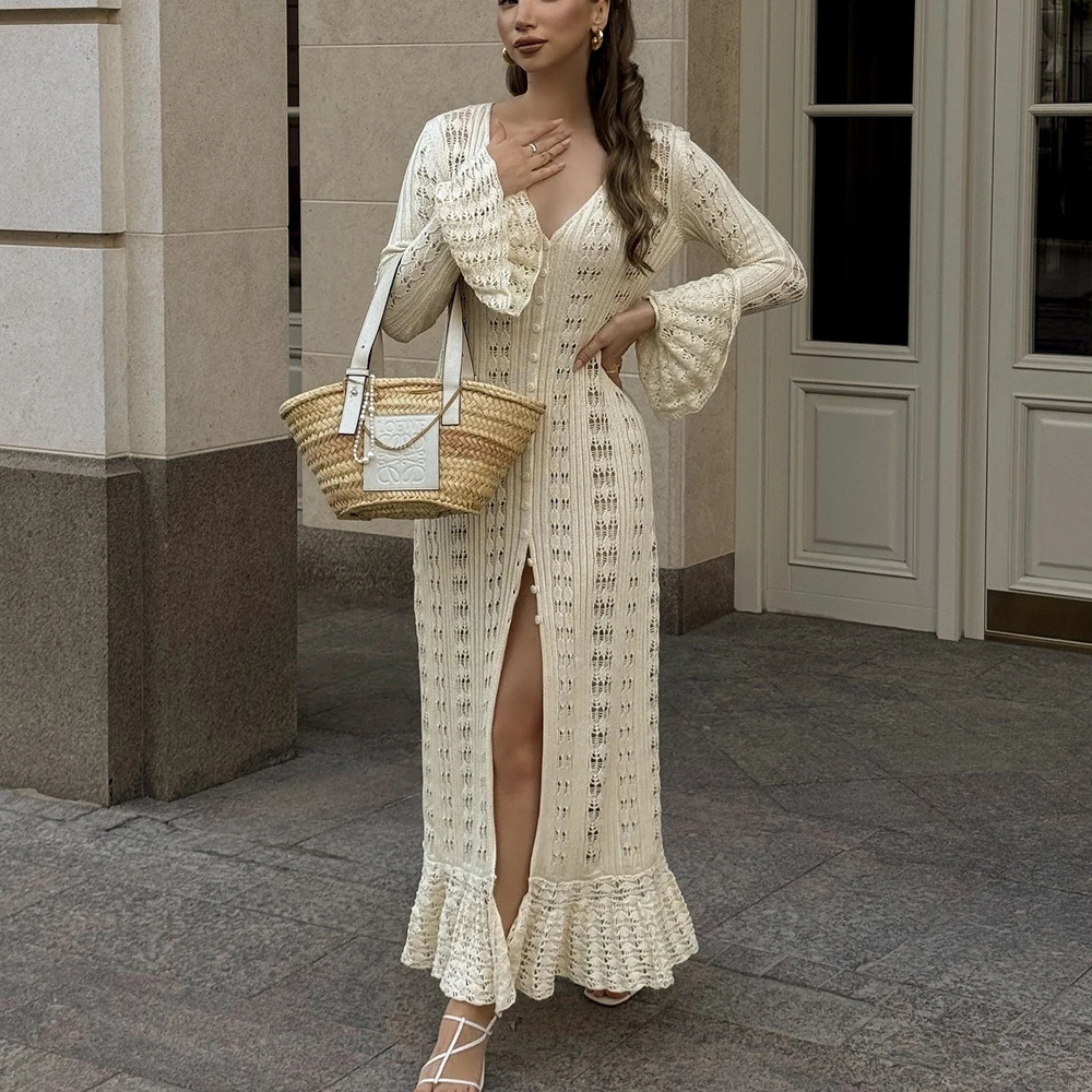 Talenza Womens Casual Cardigan Summer Hollow Out Long Sleeve Loose Vacation Long Cardigan Vintage Ruffle Female Long Dresses 250617