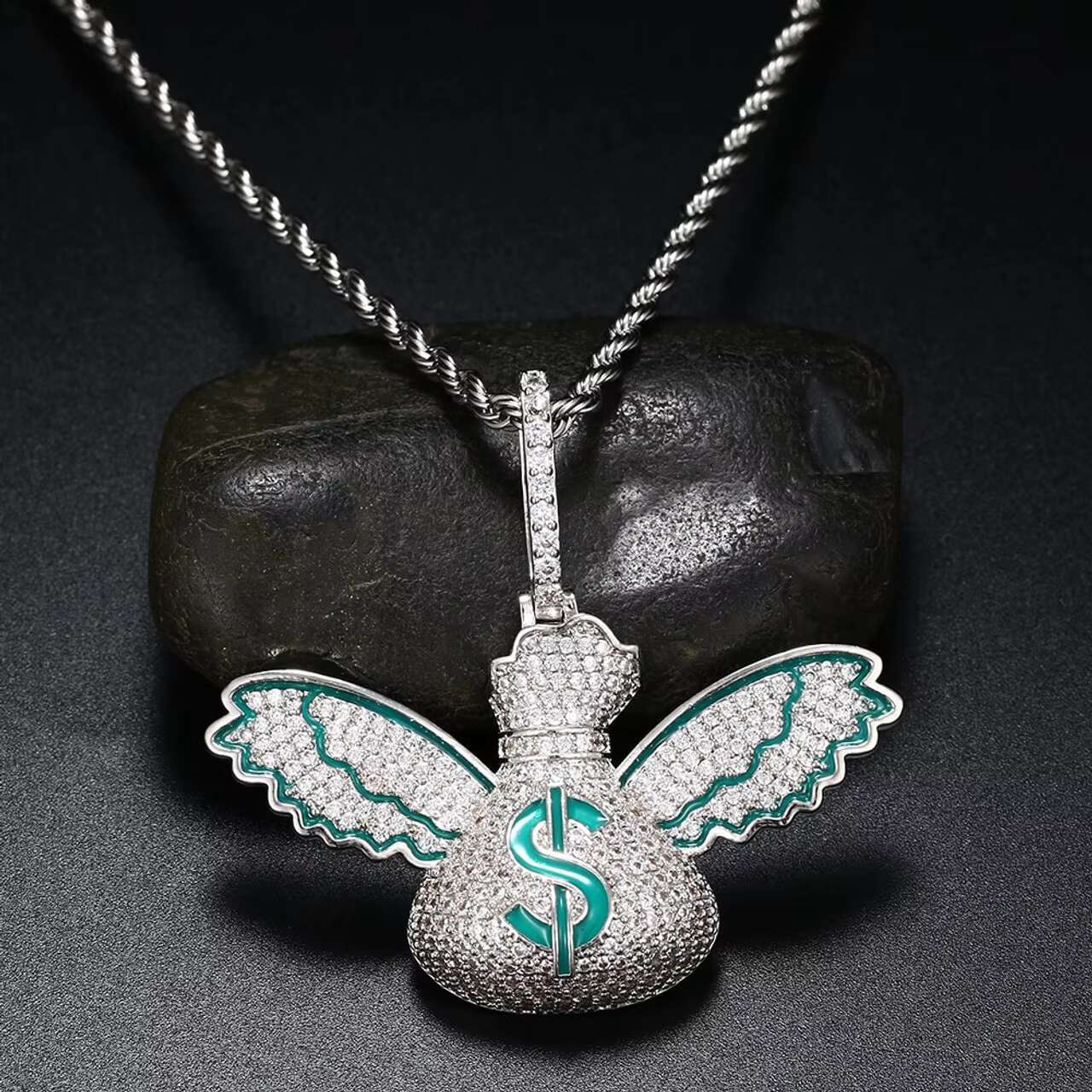 18K Gold 925 Silver Iced Dollar Sign Pendant with Money Bag Wings Hip Hop Style Moissanite Jewelry for Men and Womens Charm