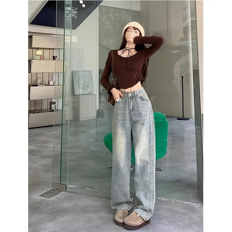 Plus Size Washed Wide Leg American High Street Jeans Womens Spring Autumn Casual Drape Loose Harajuku Straight Leg Pants 250609