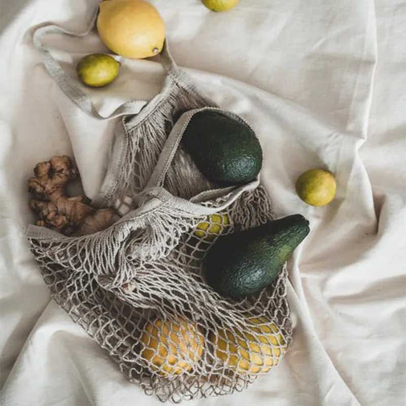 Portable Reusable Grocery Bags Vegetable Bag Washable Cotton Mesh String Organic Organizer Handbag Short Handle Net Tote B250618