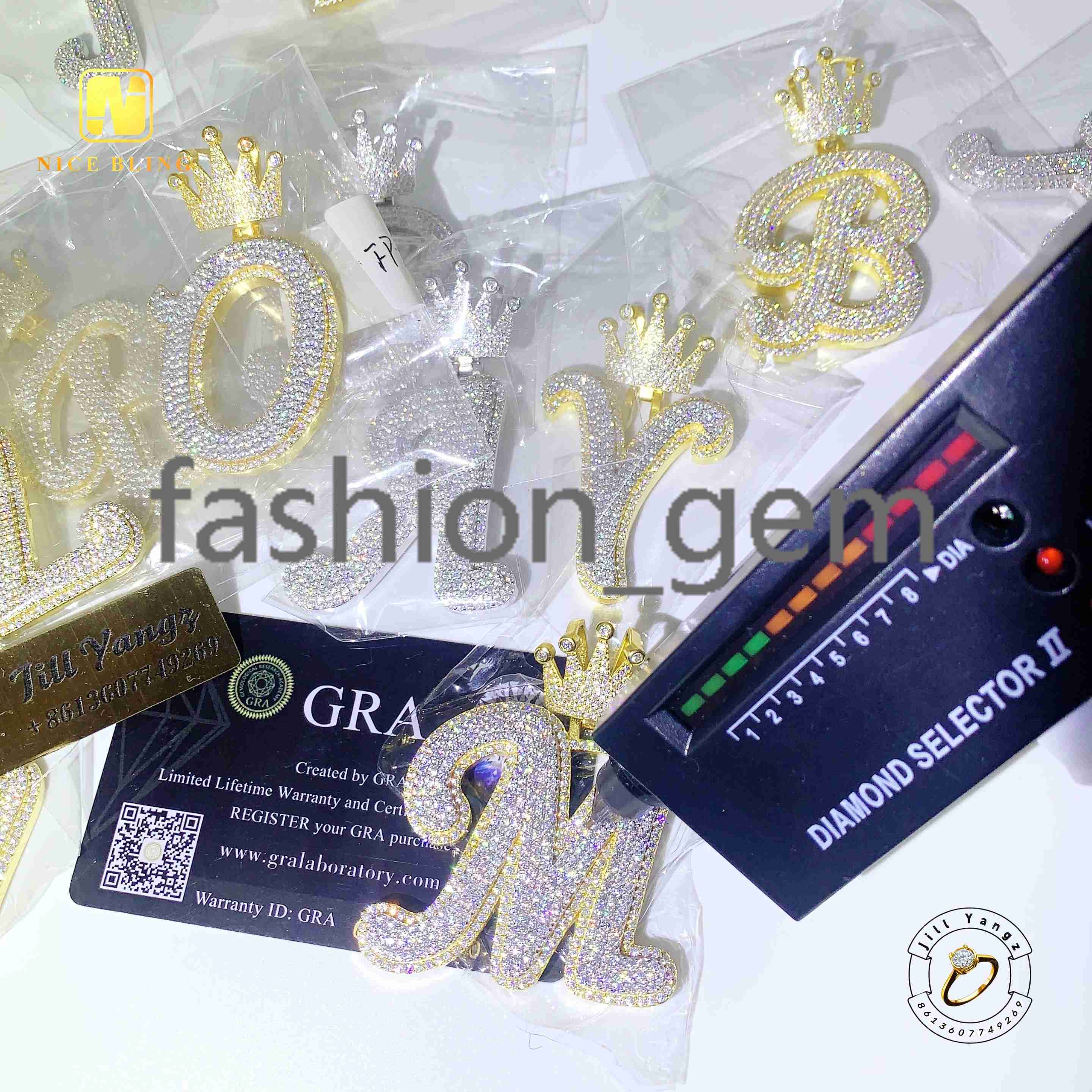 Ready Stocks Initials Letters Pendant Moissanite 925 Silver Hip Hop Rock Letter with Crown Pendant Custom Accepted Gifts