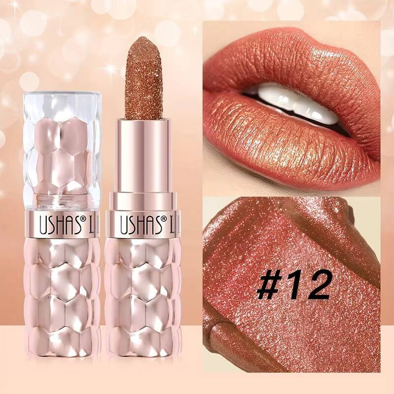 12 Colors Diamond Pearlescent Glitter Shiny Metallic Lipstick Long Lasting Lip Tint Non-stick Cup Red Sexy Lips Makeup happy