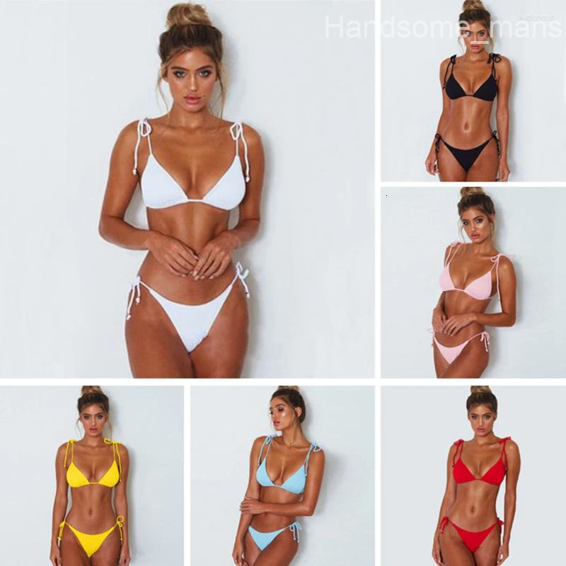 Womens Swimwear Pit Stripe Fabric Swimsuit Sexy Thong Bikini Women White/Blue/Black/Pink/Yellow/Red Solid Rope Beach Bathing Suit 2025