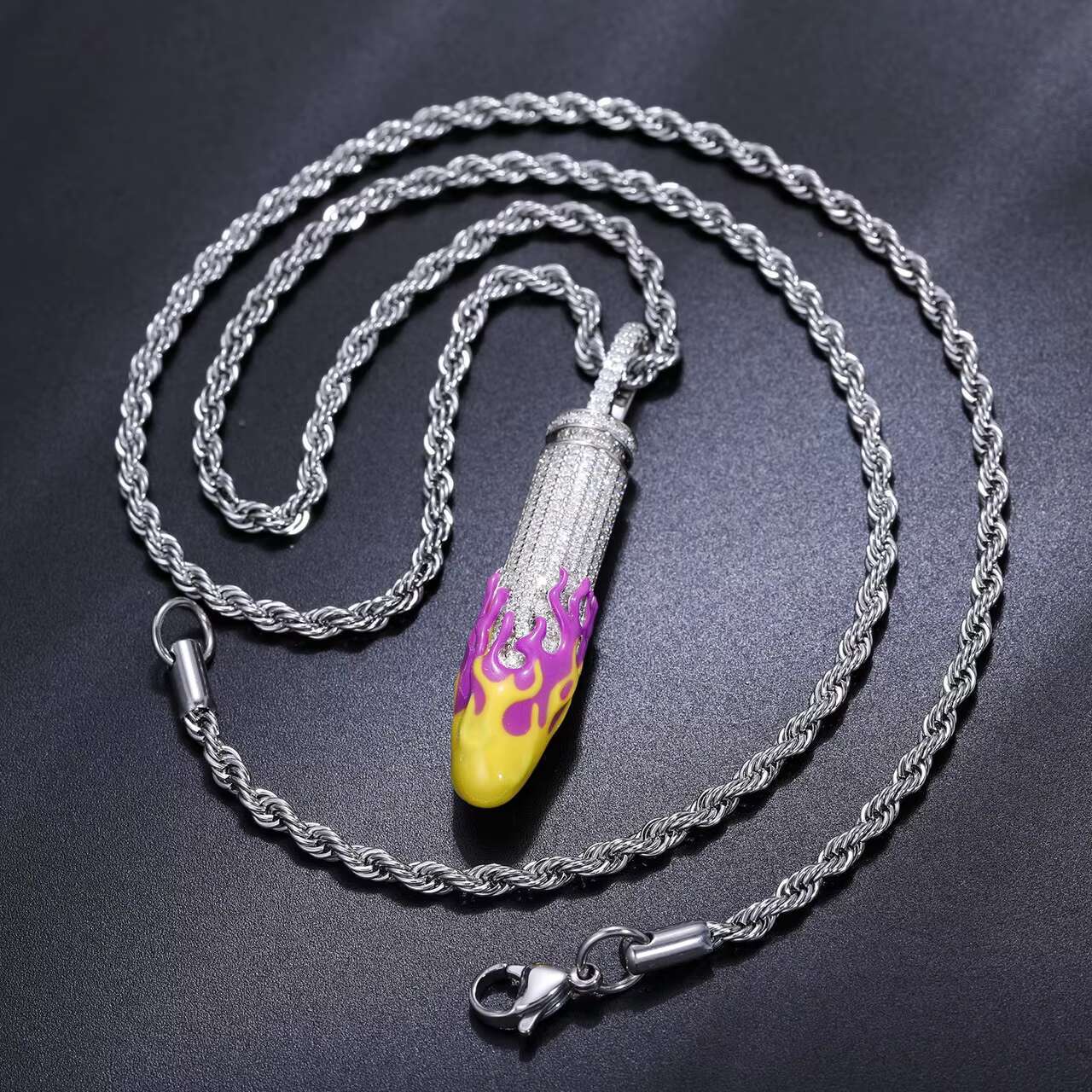 Hot Selling Stylish Hip Hop Style 925 Silver Iced VVS Moissanite Diamond Pendant Necklace Glow Dark Bullet Design Necklace