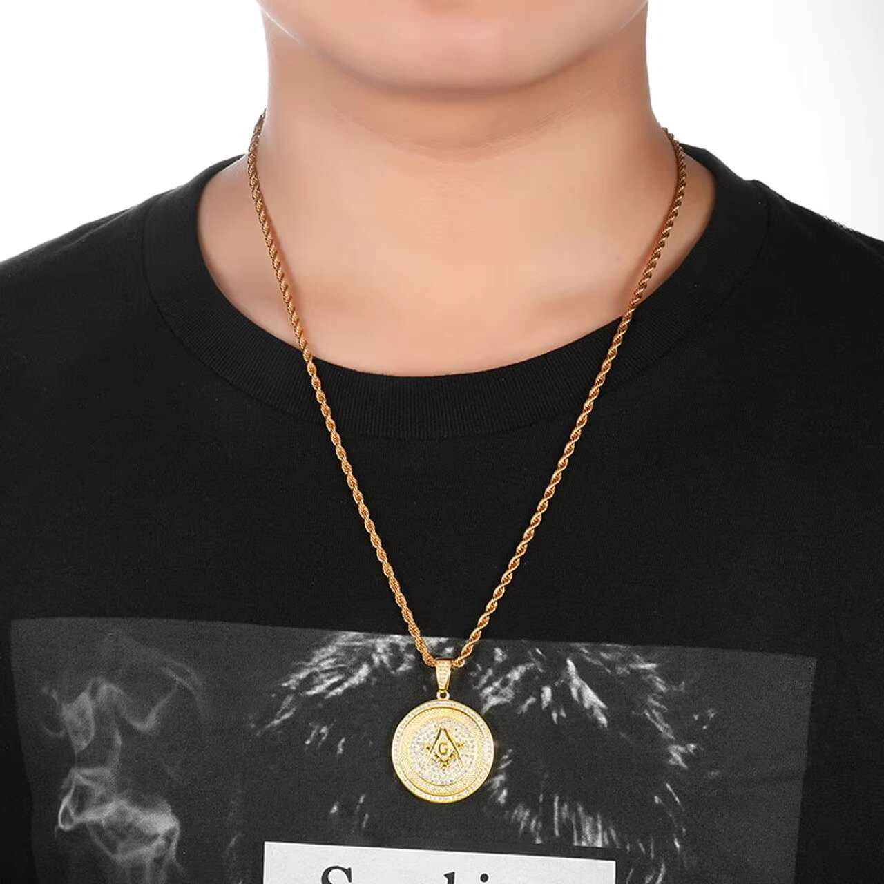 New Arrival Stylish Hip Hop 14K Gold Bling Moissanite Pendant Freemason Masonic Necklace