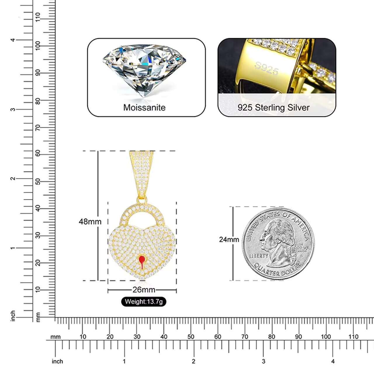 Luxury New 925 Sterling Silver Moissanite Necklace with Iced Blinged out Heart on Lock Pendant in Hip Hop Style