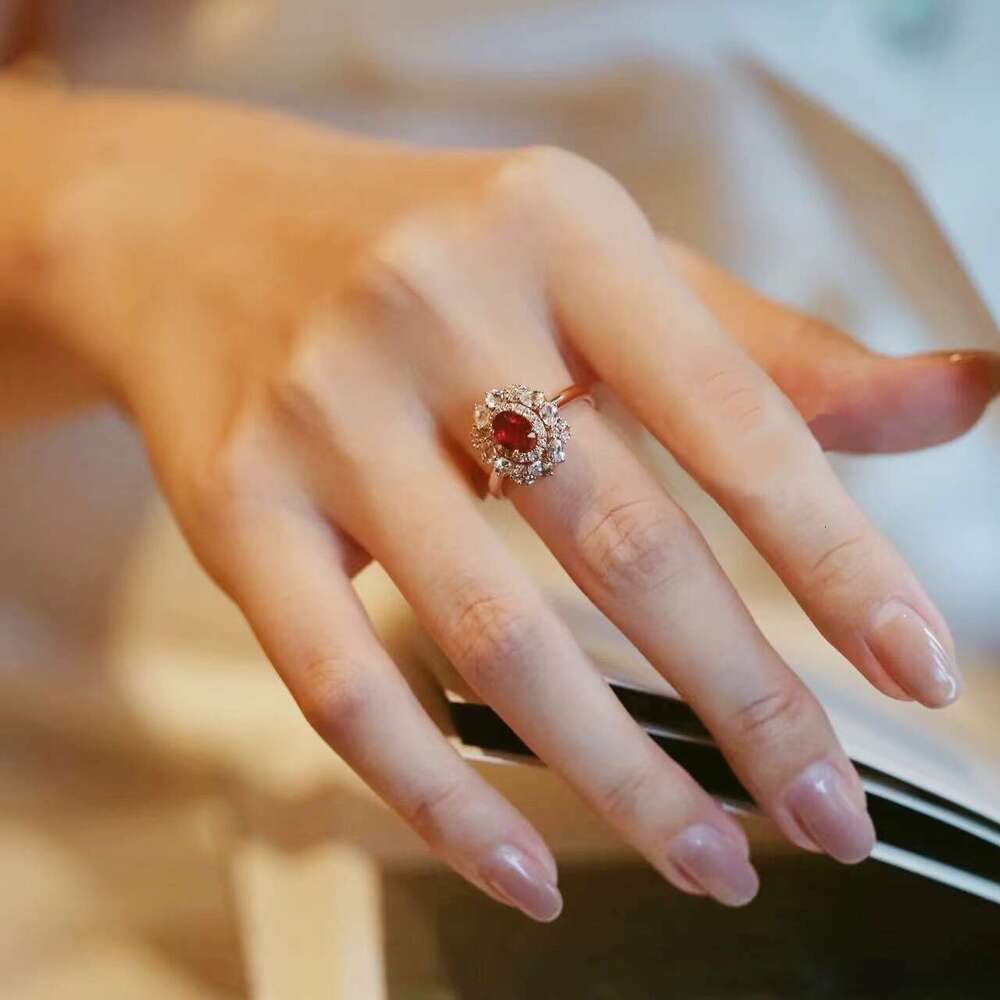 High-end Exquisite Colorful Gem Red Hollow Diamond for Women Super Beautiful French Simple Open Finger Ring