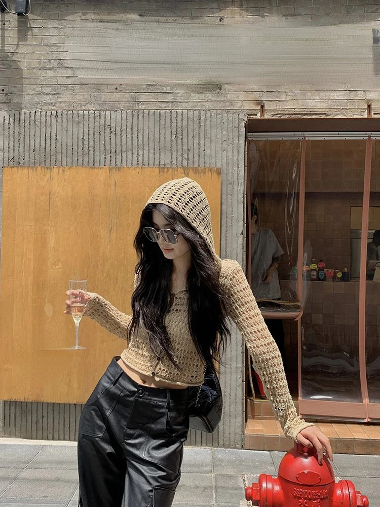 Fashion Cardigan Y2k Coat Solid Color Hollow Out Hooded Long Sleeve Short Smock Thin Summer Female Slim Womens Clothing 250617